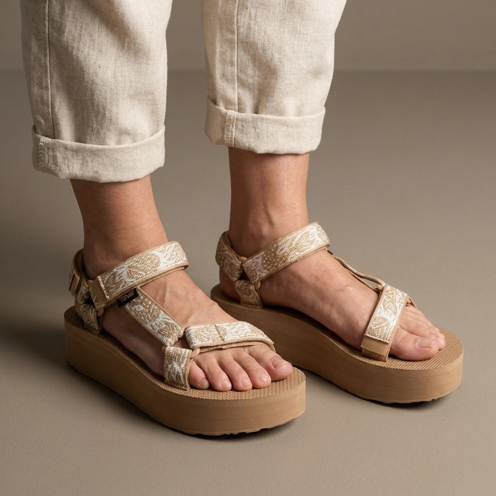 TEVA Women Flatform Universal Sandals Sz 8 Tan Beige Textile Boho Gorpcore